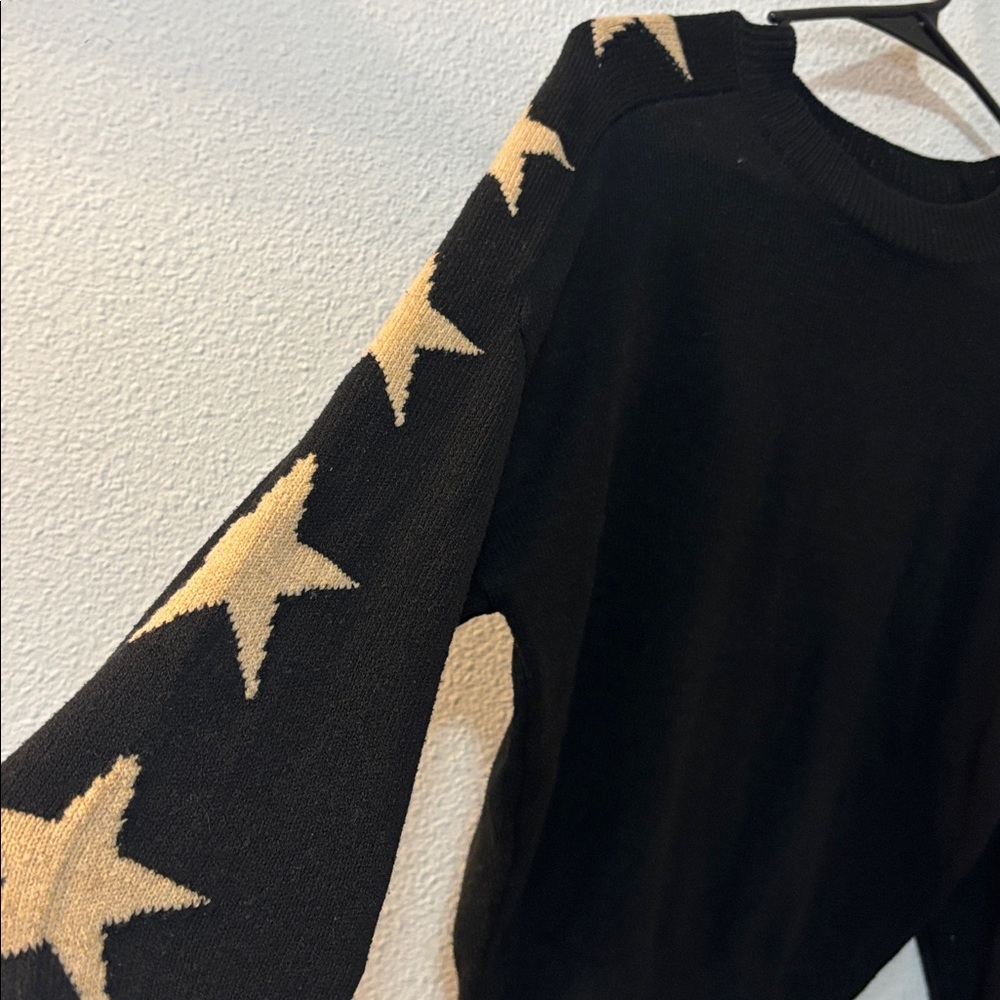 Sweet Romeo Star Print Sleeve Black and Tan Women's Sweater - Picture 2 of 4